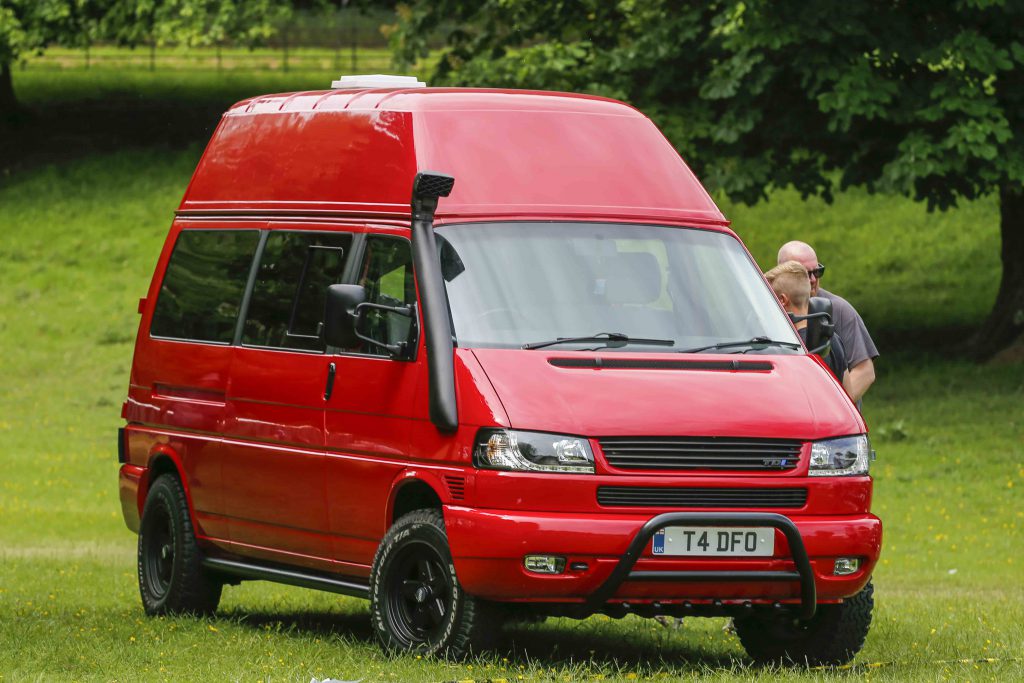 Red High top VW T4 Transporter with snorkel